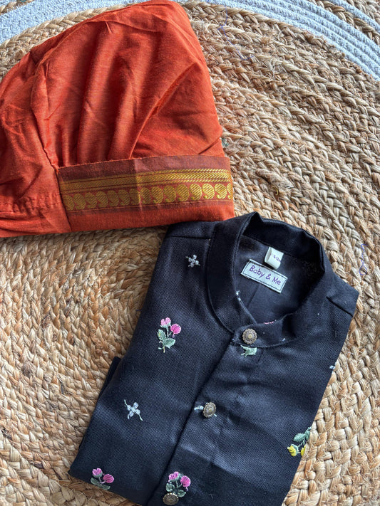 Pure Linen Black with saffron orange Kurta Dhoti for baby boy