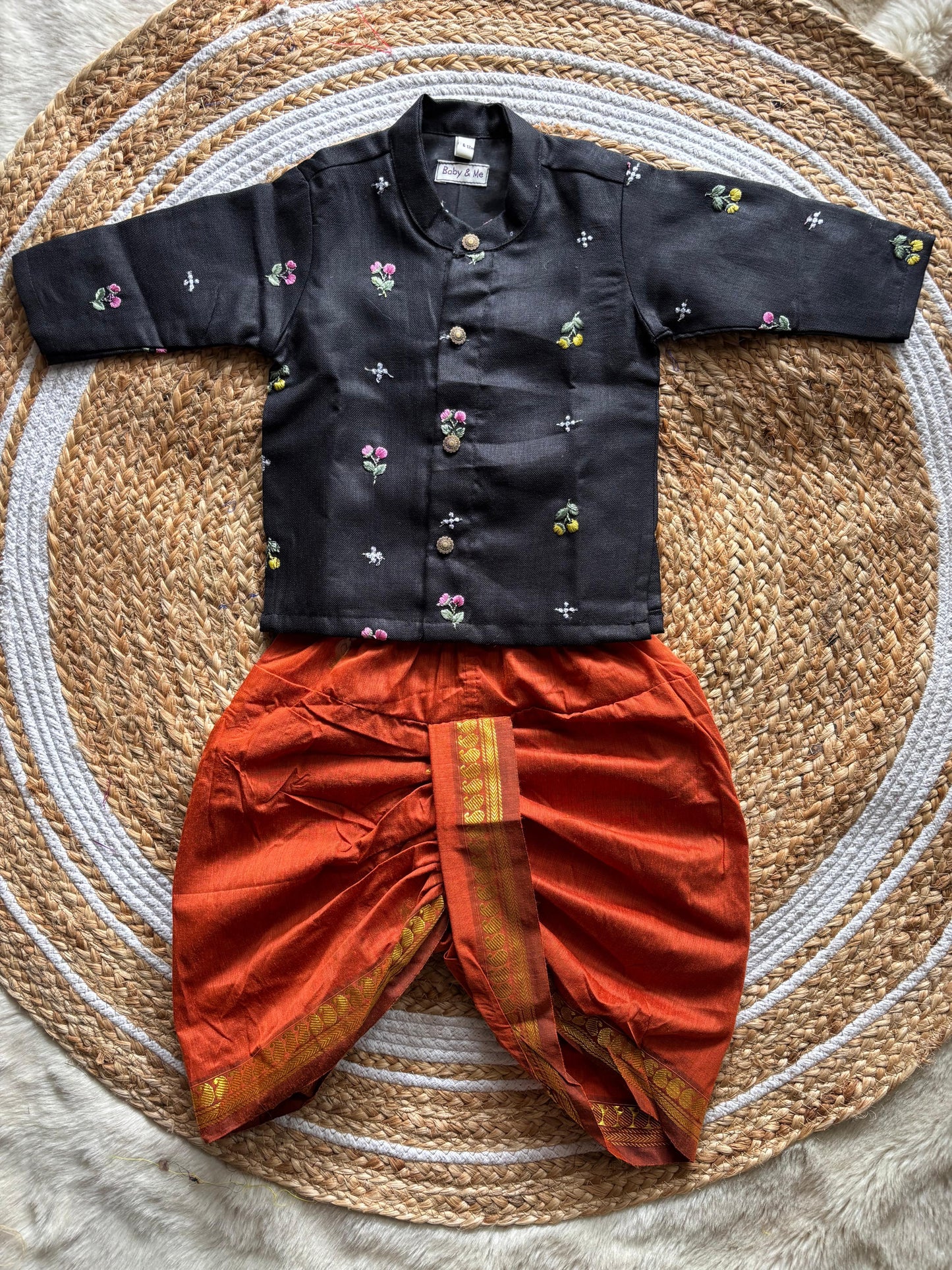 Pure Linen Black with saffron orange Kurta Dhoti for baby boy