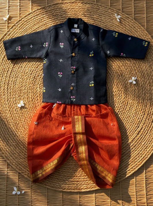 Pure Linen Black with saffron orange Kurta Dhoti for baby boy