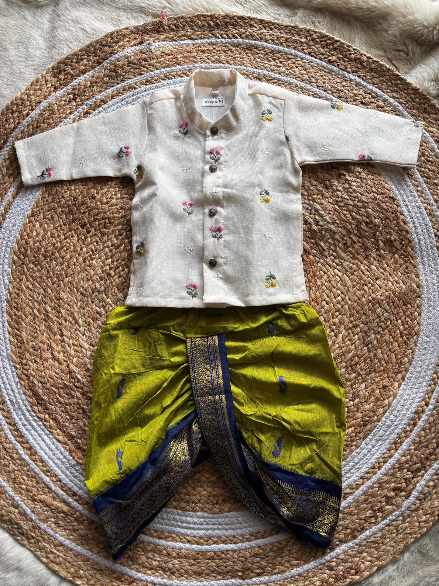 Pure Linen White and green Kurta Dhoti for baby boy