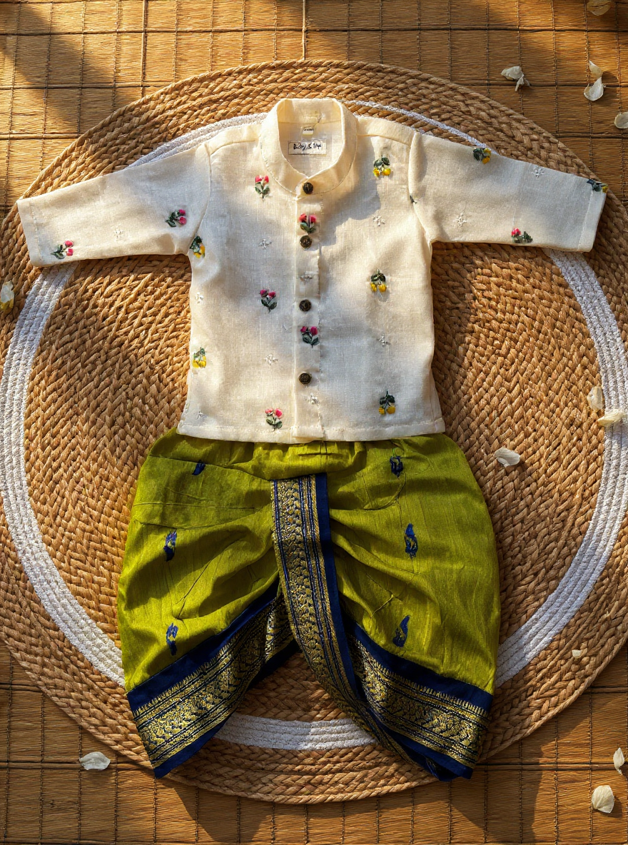 Pure Linen White and green Kurta Dhoti for baby boy