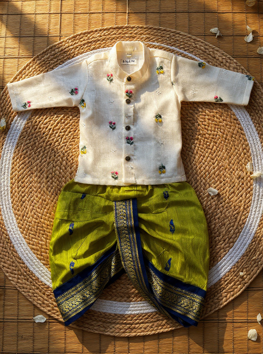 Pure Linen White and green Kurta Dhoti for baby boy