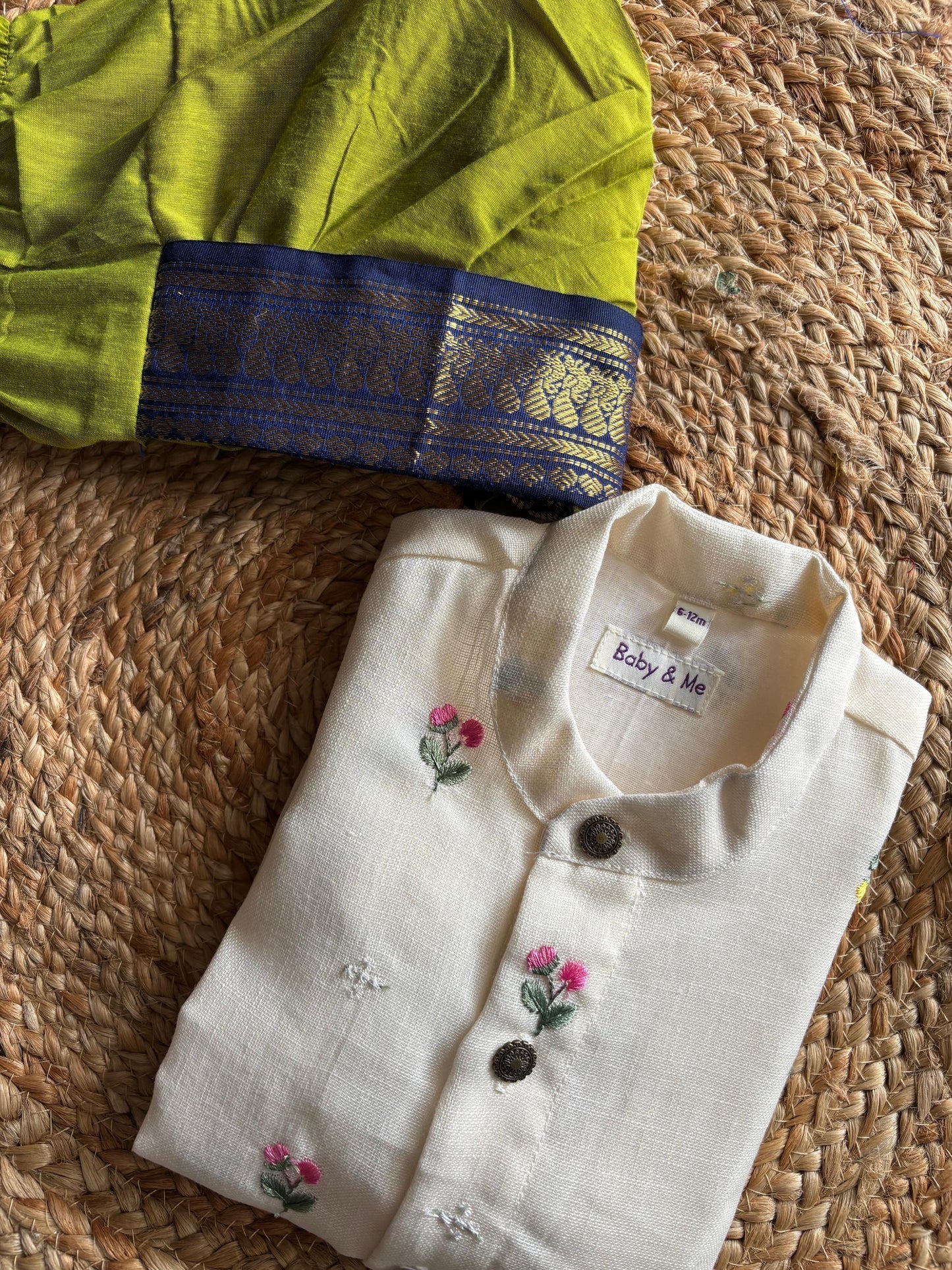 Pure Linen White and green Kurta Dhoti for baby boy