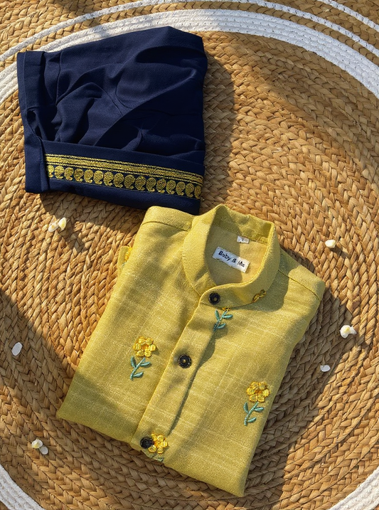 Pure Linen Pastel yellow with dark blue Kurta Dhoti Ethnic Wear for baby boy