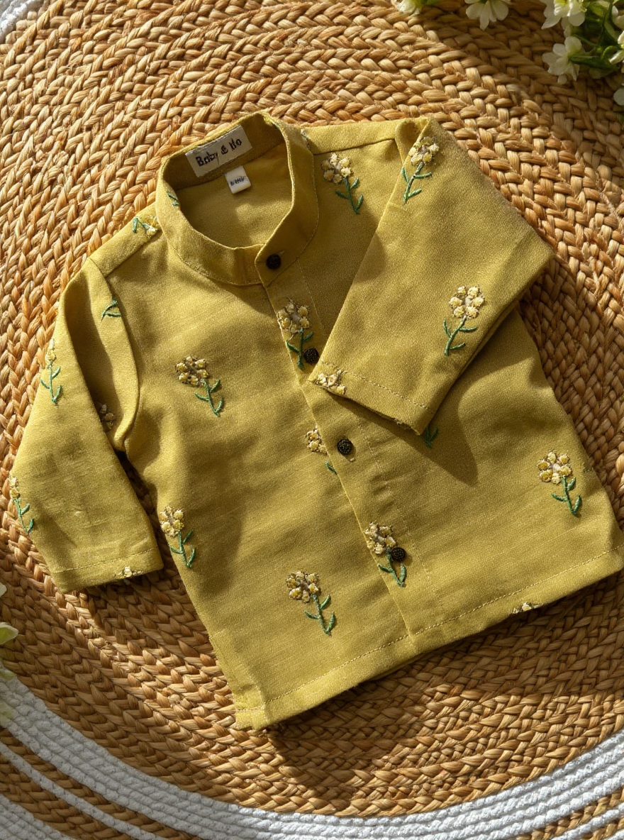 Pure Linen Pastel yellow with dark blue Kurta Dhoti Ethnic Wear for baby boy