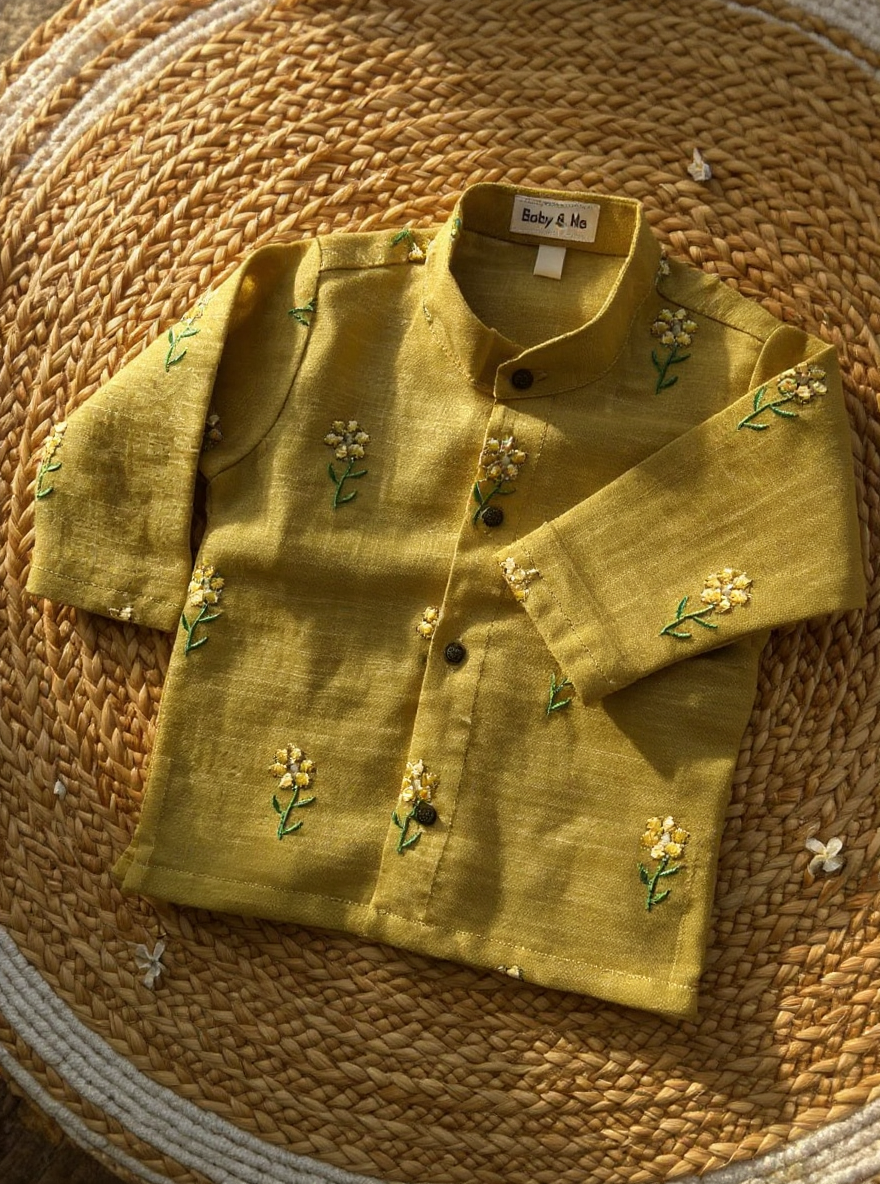 Pure Linen Pastel yellow with dark blue Kurta Dhoti Ethnic Wear for baby boy