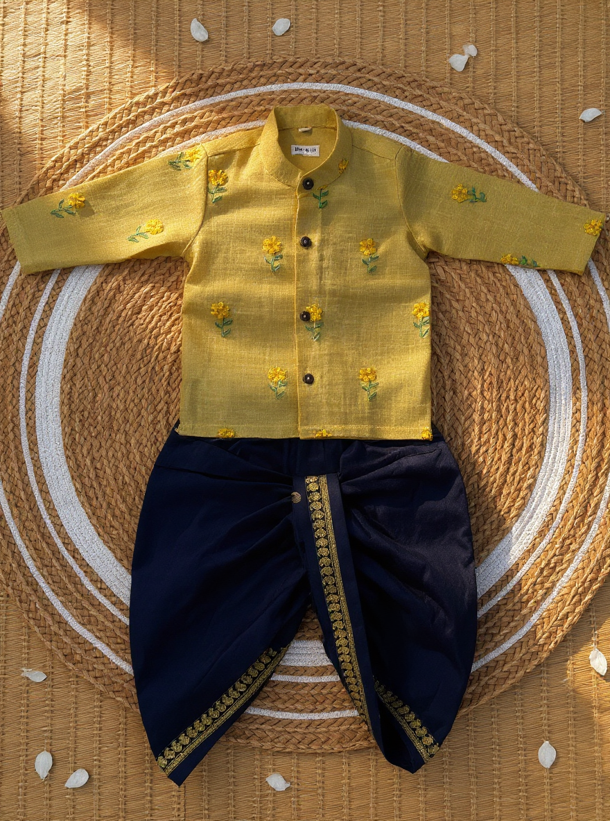 Pure Linen Pastel yellow with dark blue Kurta Dhoti Ethnic Wear for baby boy