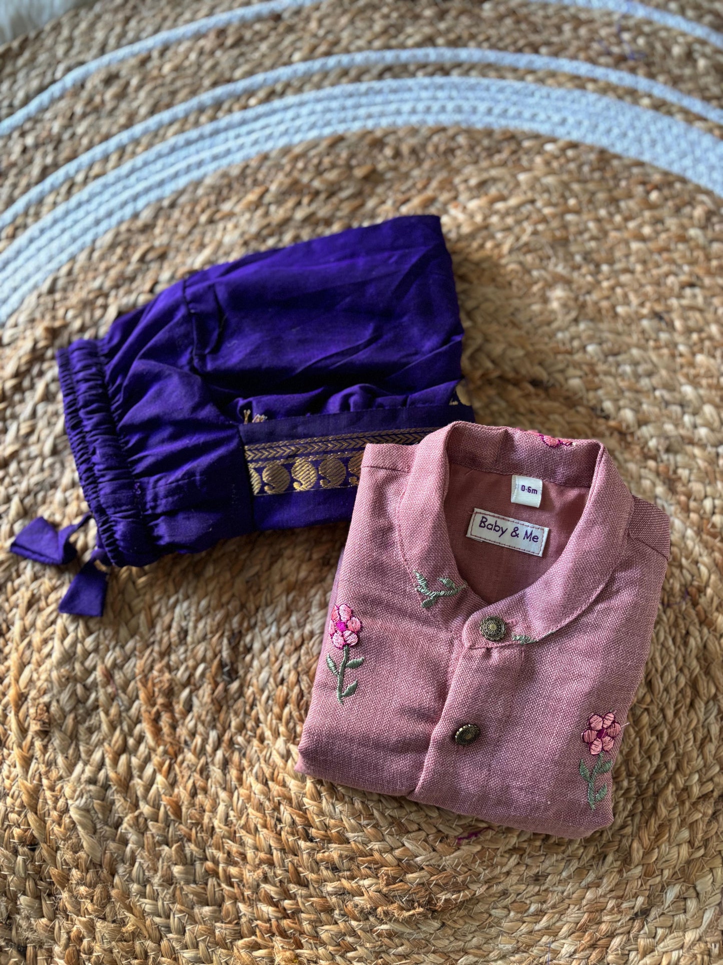 Pastel pink Linen and violet Kurta dhoti ethnic wear for baby boy