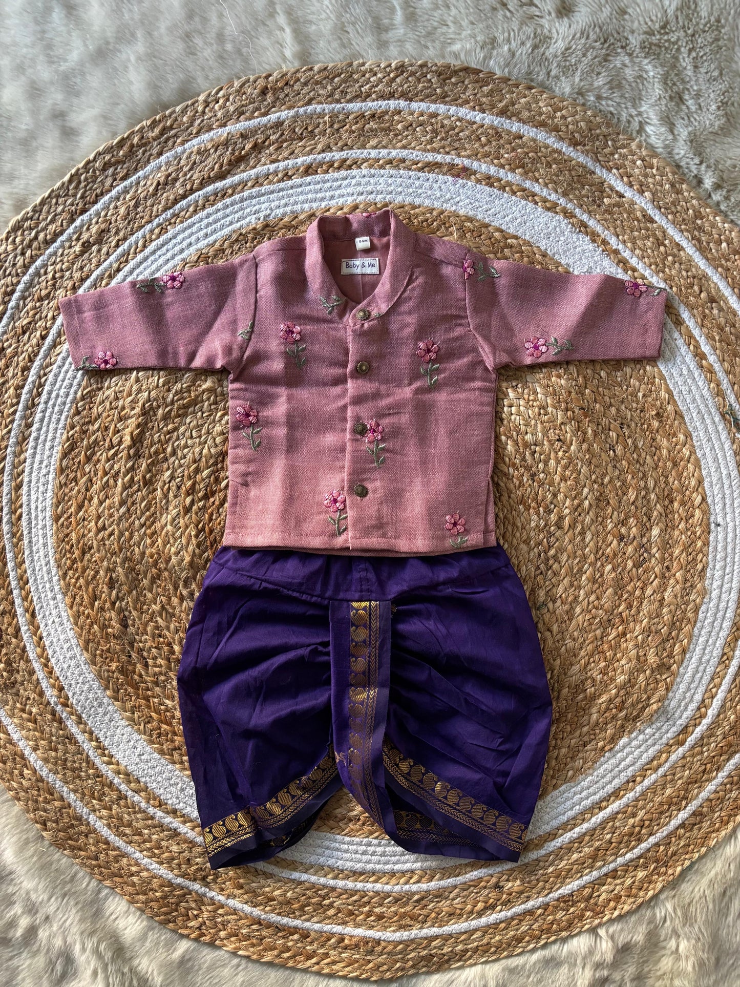 Pastel pink Linen and violet Kurta dhoti ethnic wear for baby boy