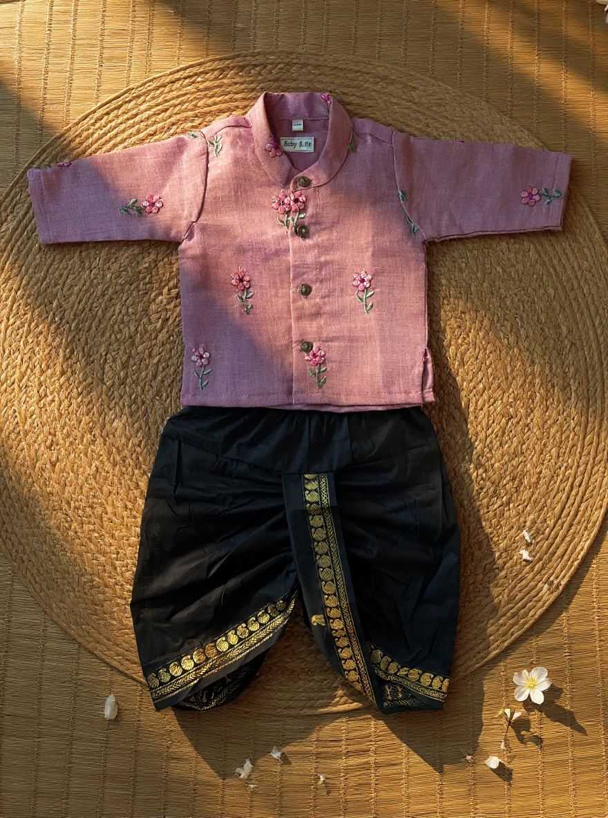 Pastel pink Linen and black Kurta dhoti ethnic wear for baby boy