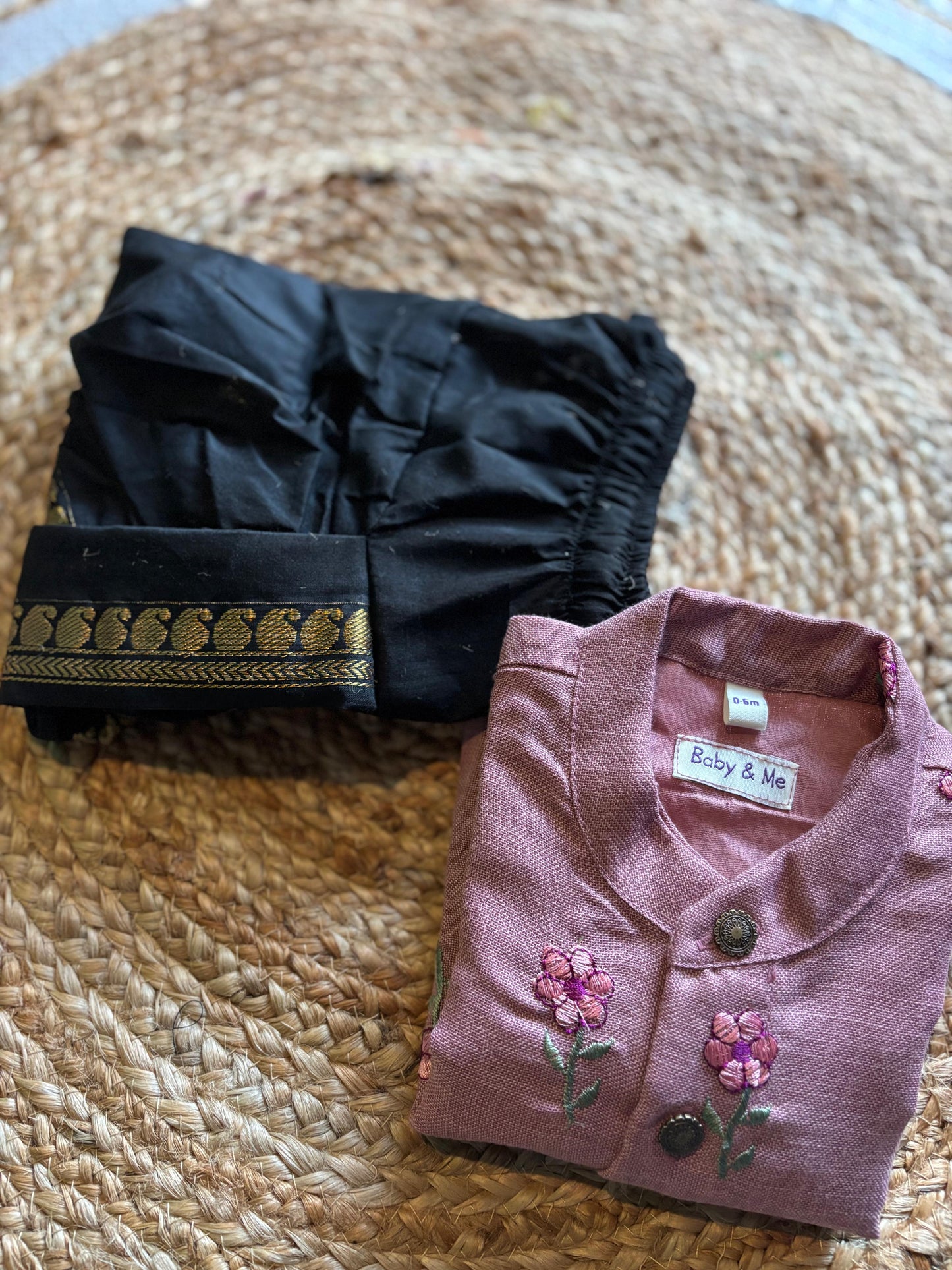 Pastel pink Linen and black Kurta dhoti ethnic wear for baby boy