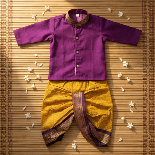 Checked Turmeric Yellow and wine kurta dhoti ethnic dress for baby boy