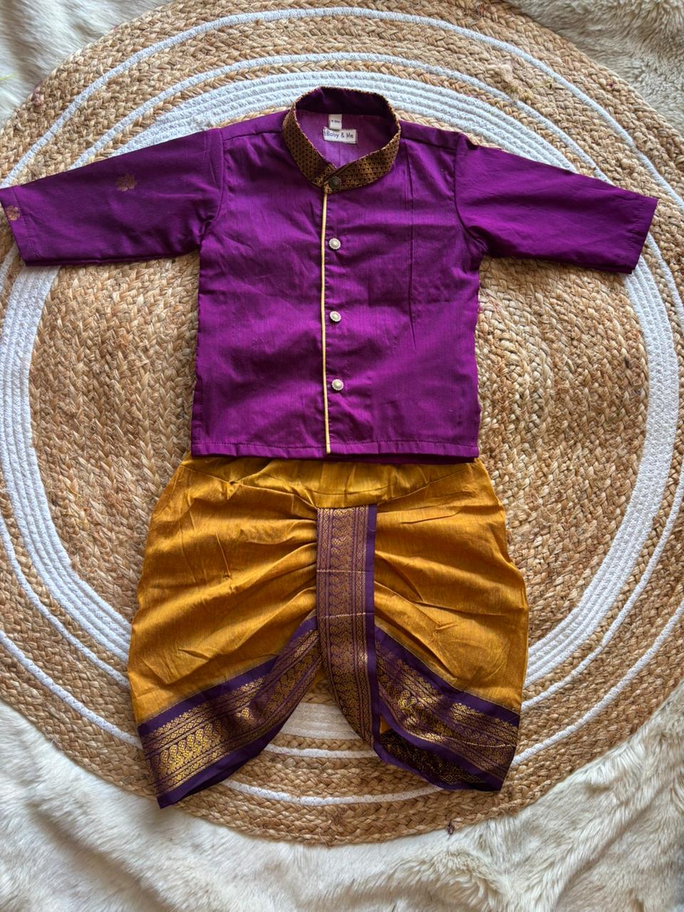 Turmeric Yellow and wine kurta dhoti ethnic dress for baby boy