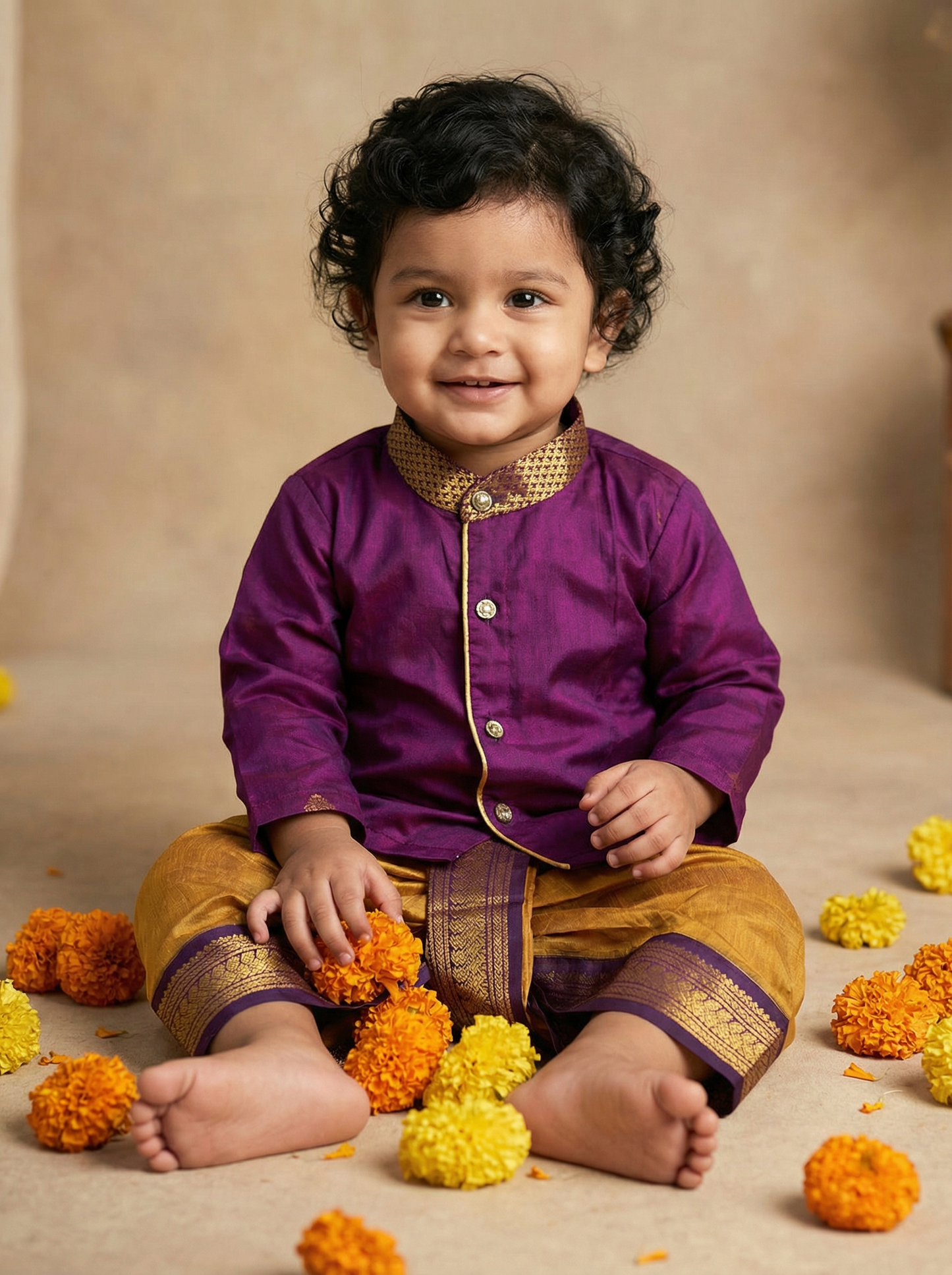 Turmeric Yellow and wine kurta dhoti ethnic dress for baby boy