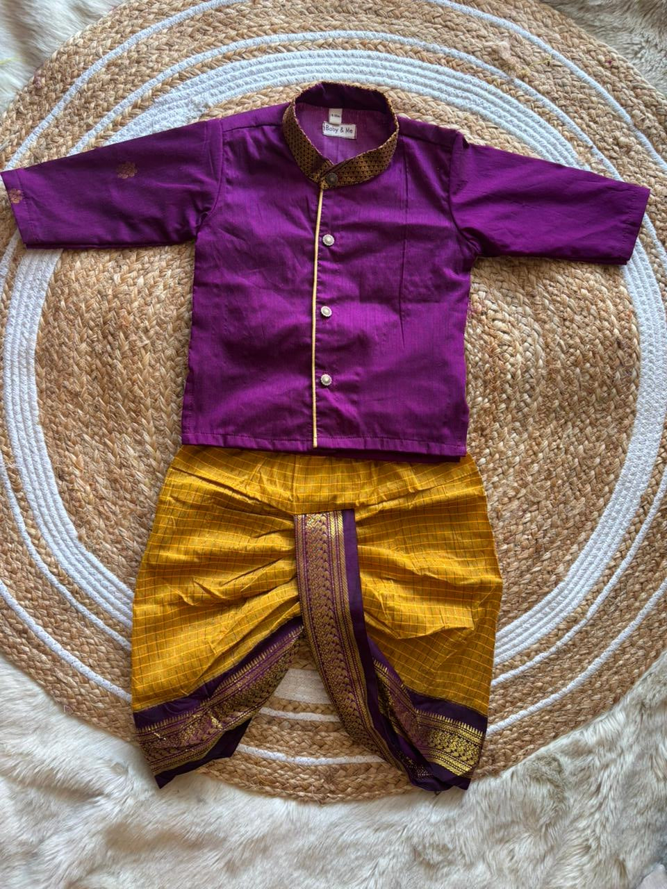 Checked Turmeric Yellow and wine kurta dhoti ethnic dress for baby boy