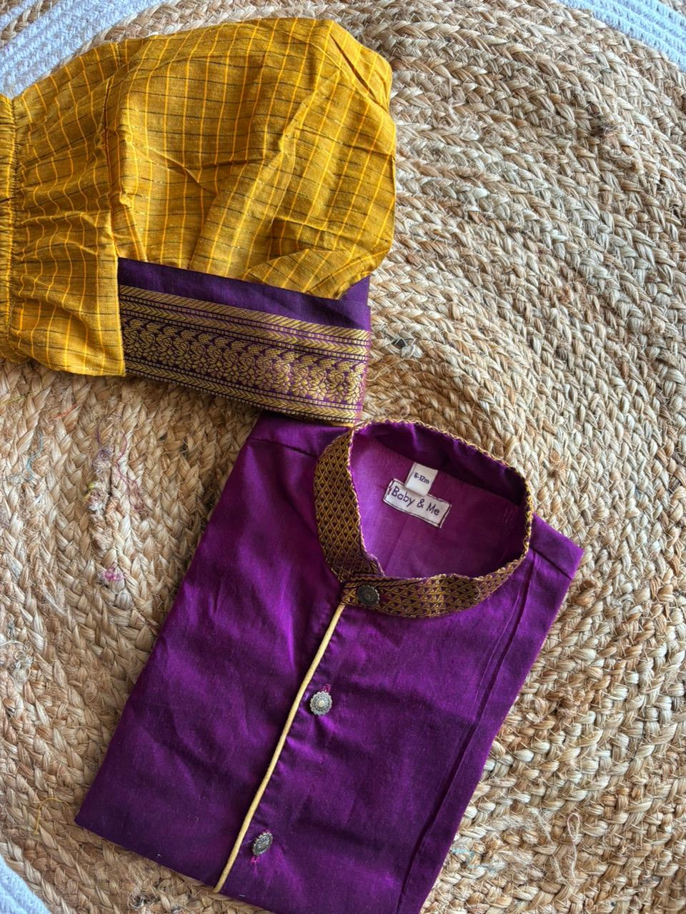 Checked Turmeric Yellow and wine kurta dhoti ethnic dress for baby boy