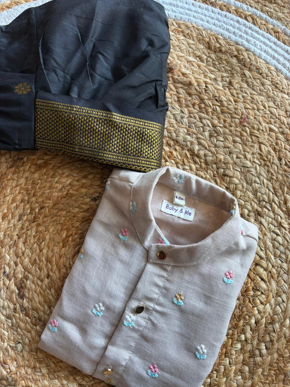 Light Grey Pure Linen Kurta and black Cotton Silk dhoti ethnic wear for baby boy
