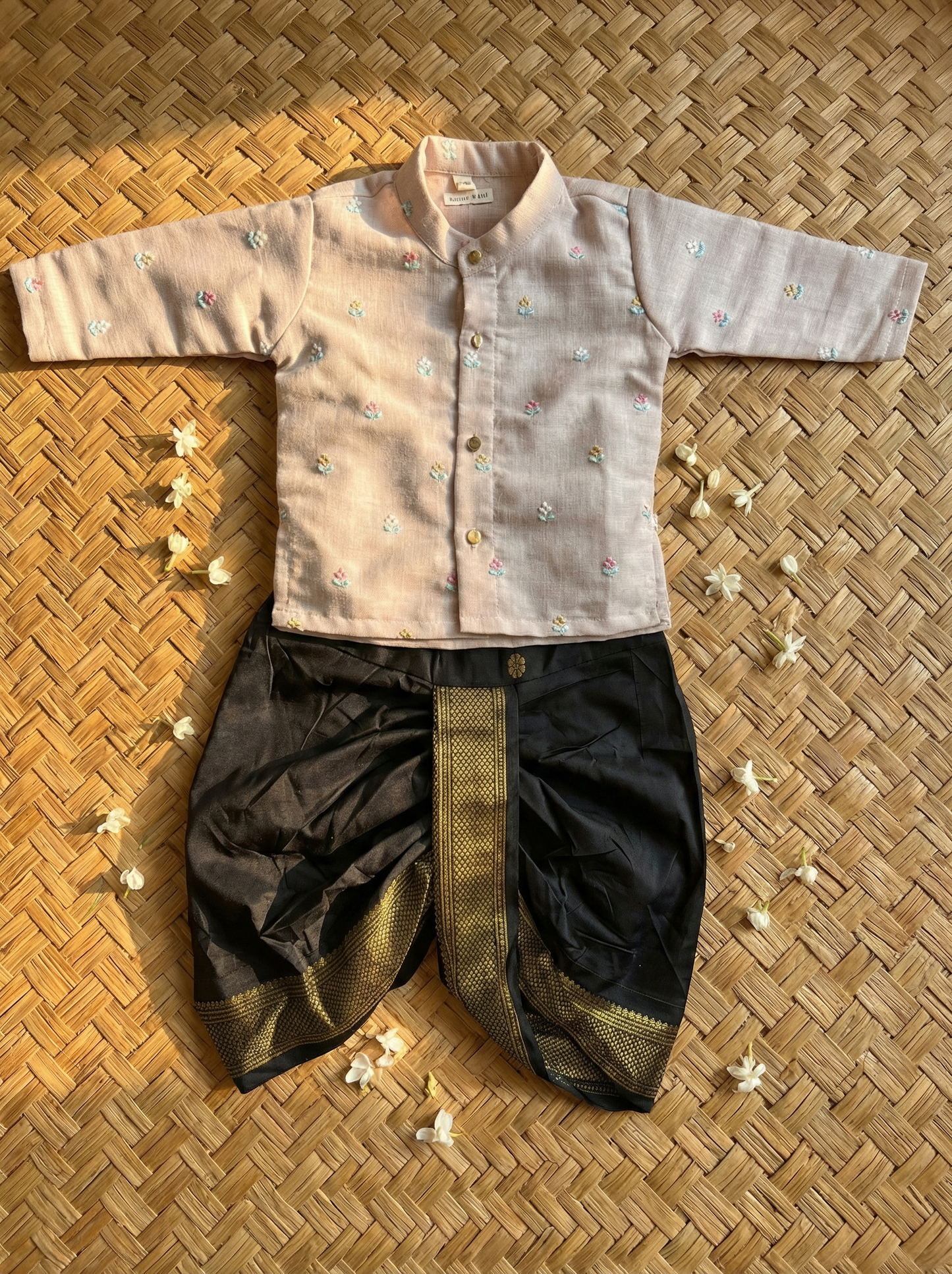 Light Grey Pure Linen Kurta and black Cotton Silk dhoti ethnic wear for baby boy