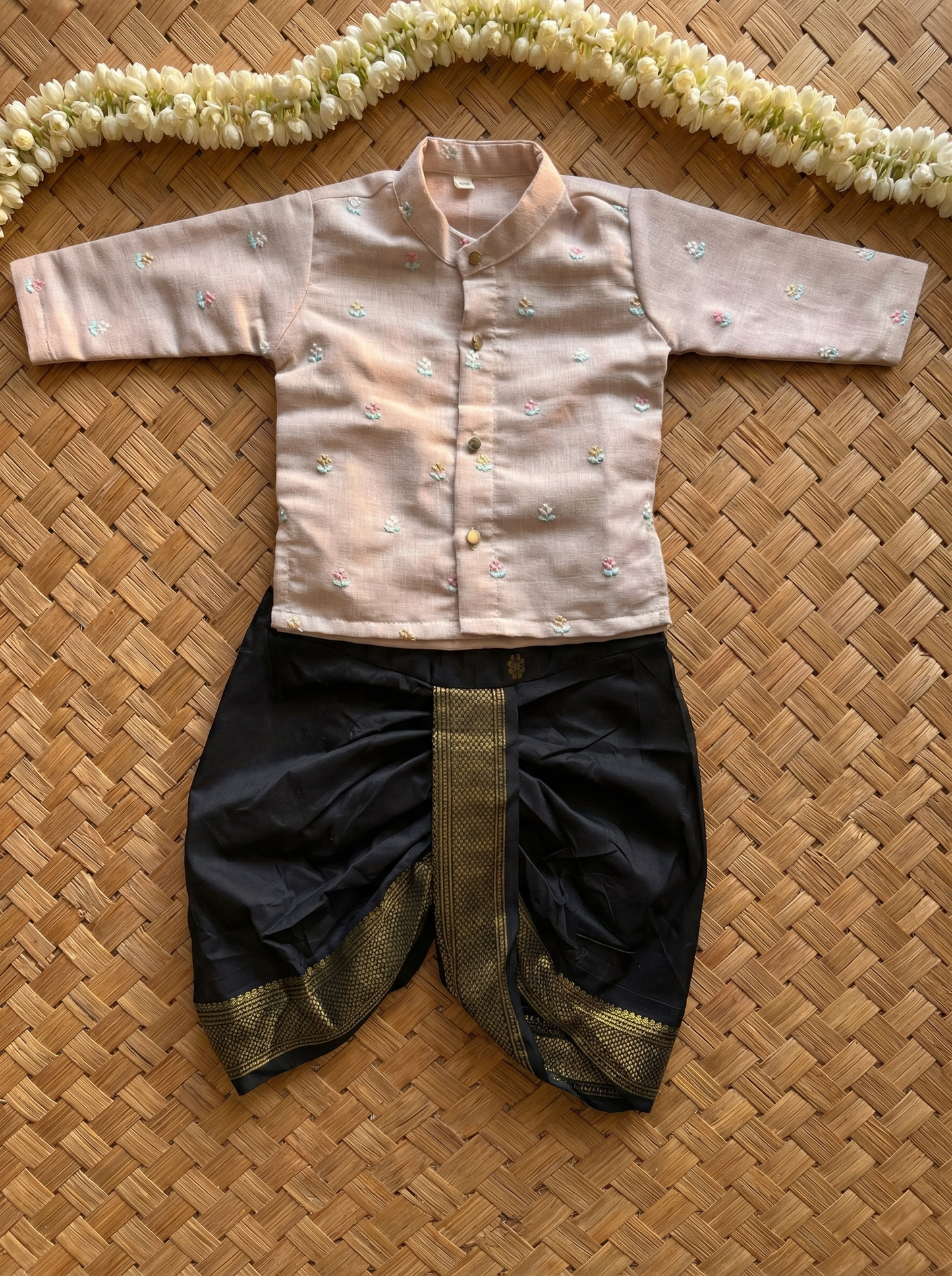 Light Grey Pure Linen Kurta and black Cotton Silk dhoti ethnic wear for baby boy