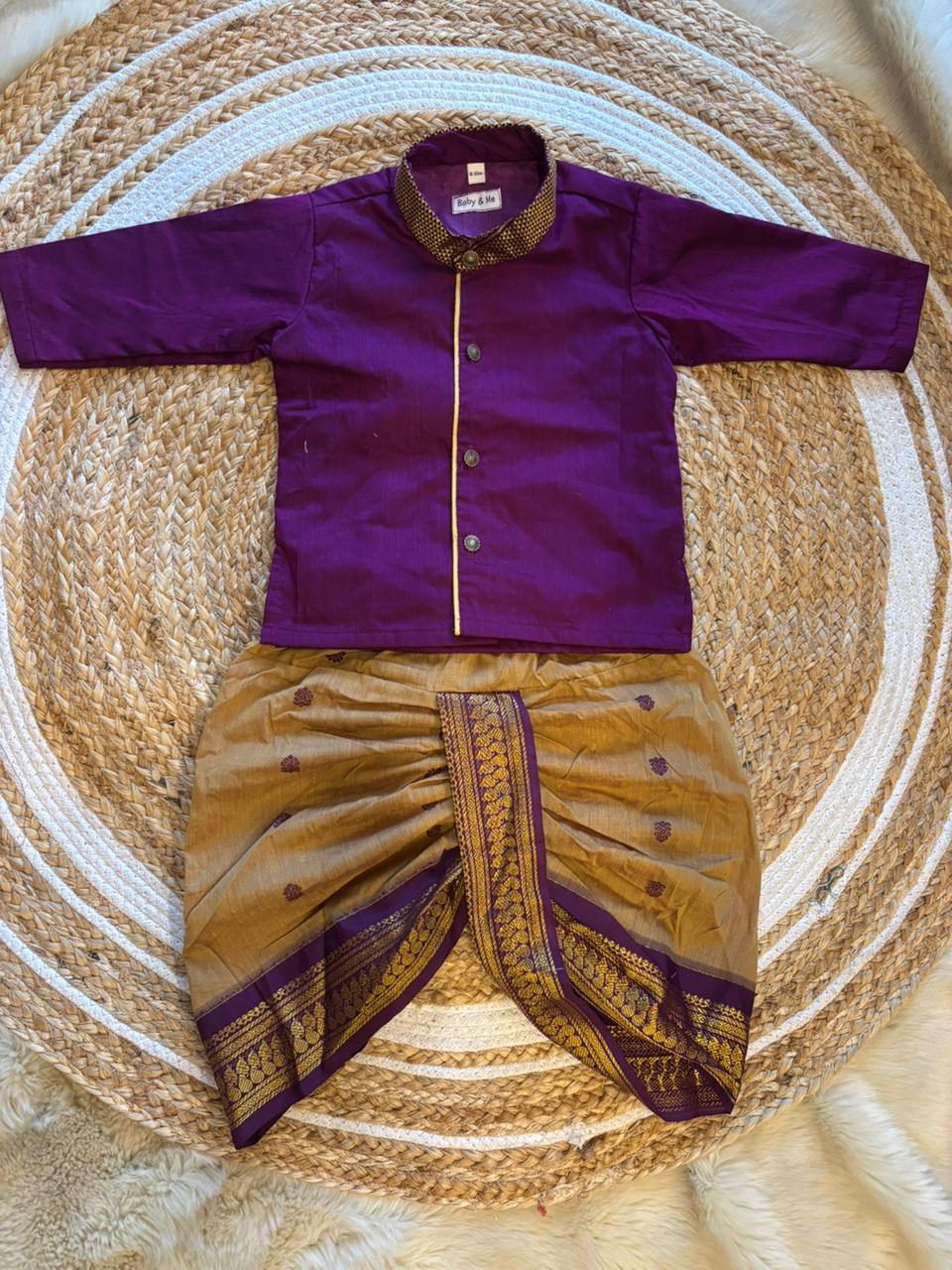 Wine with golden hue Cotton Silk Baby Boy Kurta Dhoti Set