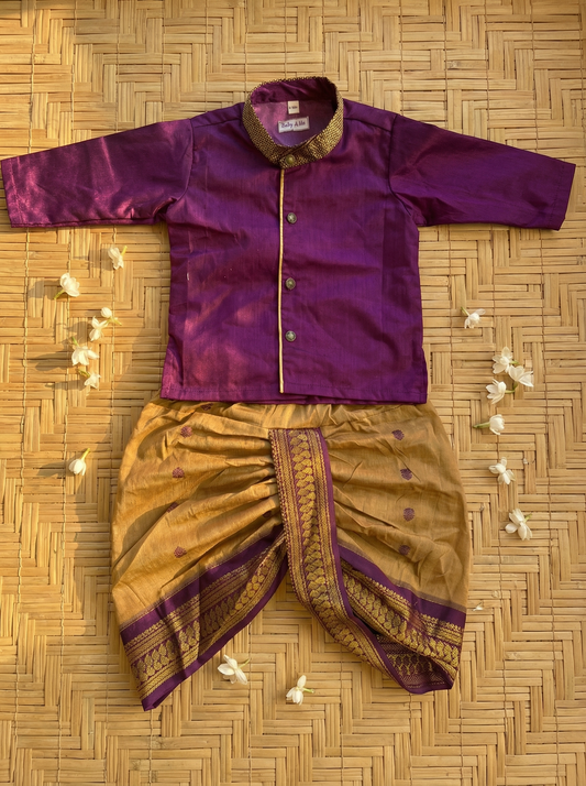 Wine with golden hue Cotton Silk Baby Boy Kurta Dhoti Set