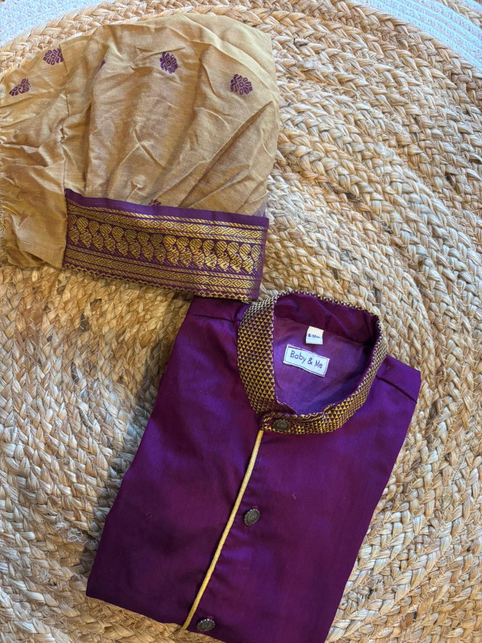Wine with golden hue Cotton Silk Baby Boy Kurta Dhoti Set