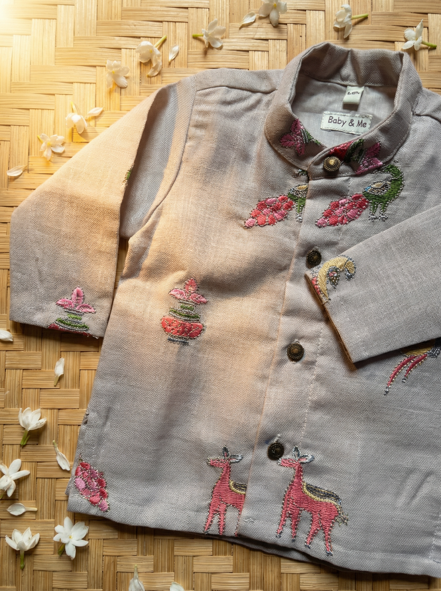Misty grey Linen Kurta and Black mango design Cotton Silk dhoti ethnic wear for baby boy