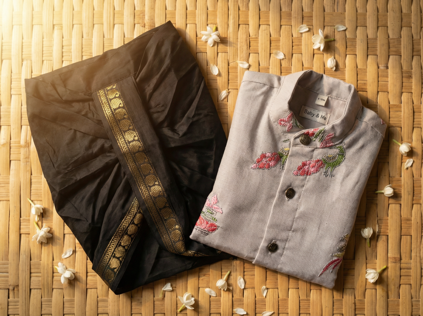 Misty grey Linen Kurta and Black mango design Cotton Silk dhoti ethnic wear for baby boy