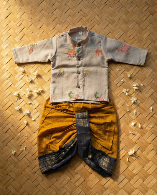 Misty grey Linen Kurta and Mustard yellow navy blue Cotton Silk dhoti ethnic wear for baby boy