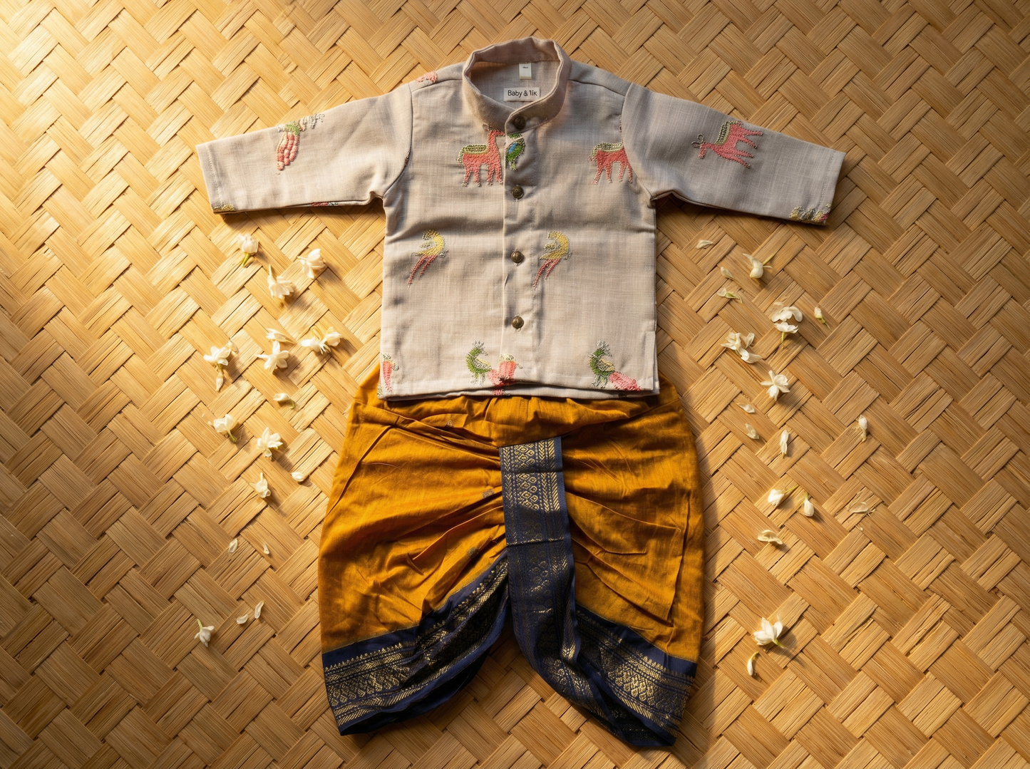 Misty grey Linen Kurta and Mustard yellow navy blue Cotton Silk dhoti ethnic wear for baby boy