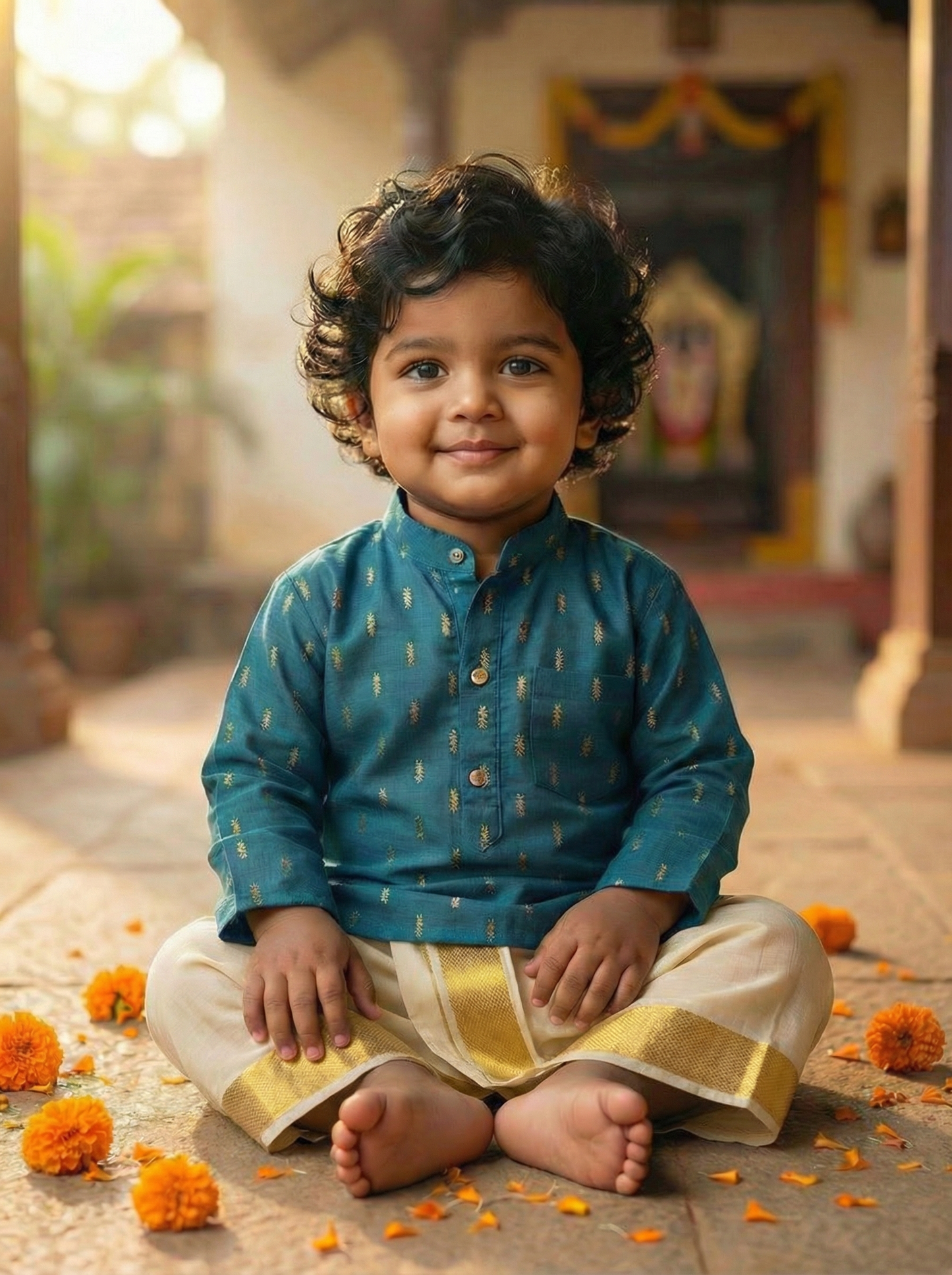 Traditional Blue and Gold Kurta Dhoti for Boys – Traditional Ethnic Wear for Baby Boy