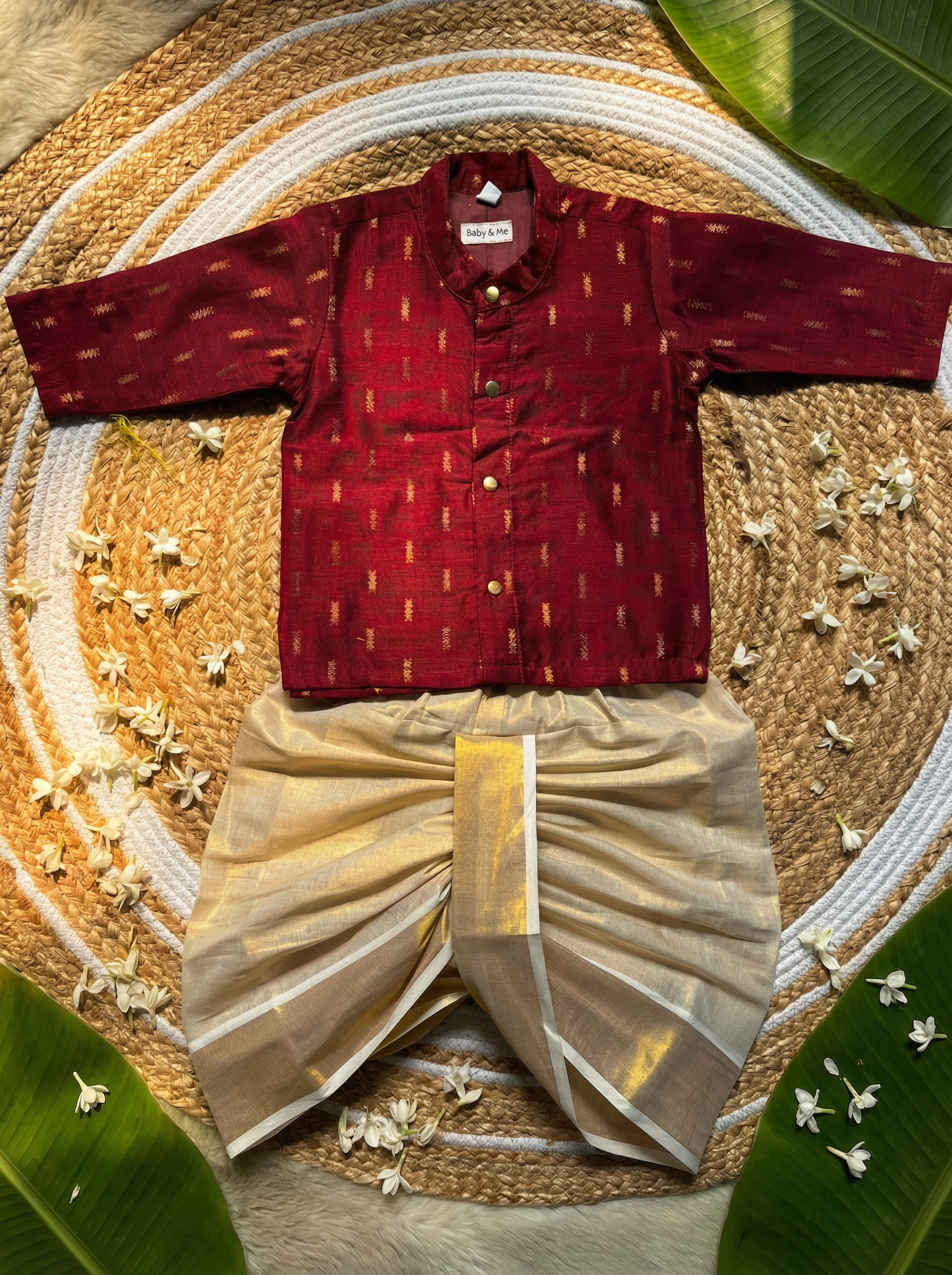 Maroon kurta and Gold Dhoti for Boys – Traditional Ethnic Wear for Baby Boy