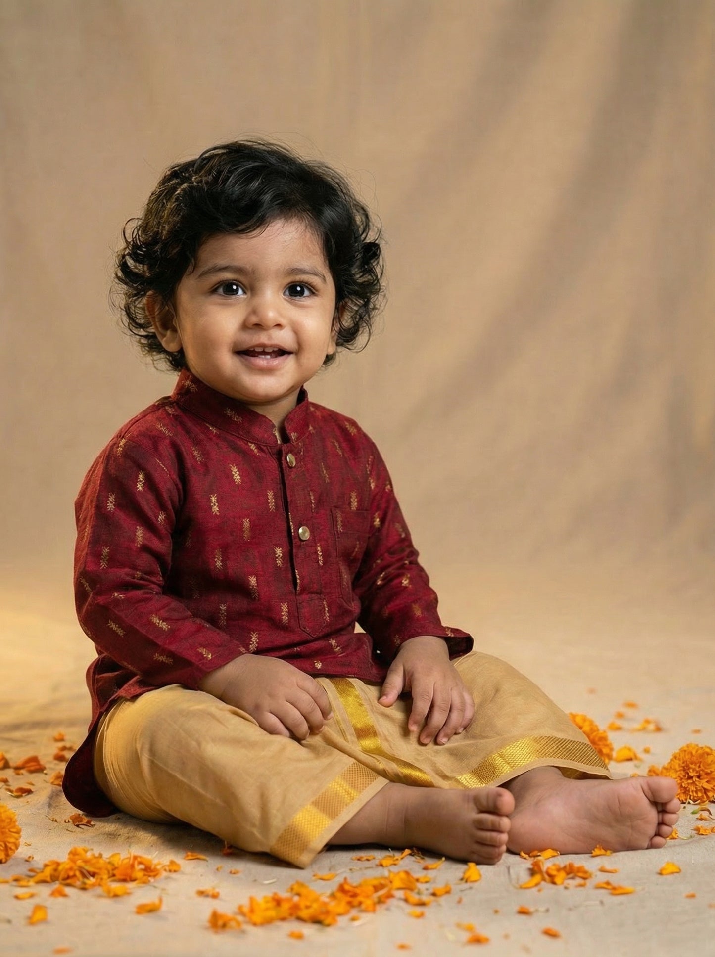 Maroon kurta and Gold Dhoti for Boys – Traditional Ethnic Wear for Baby Boy