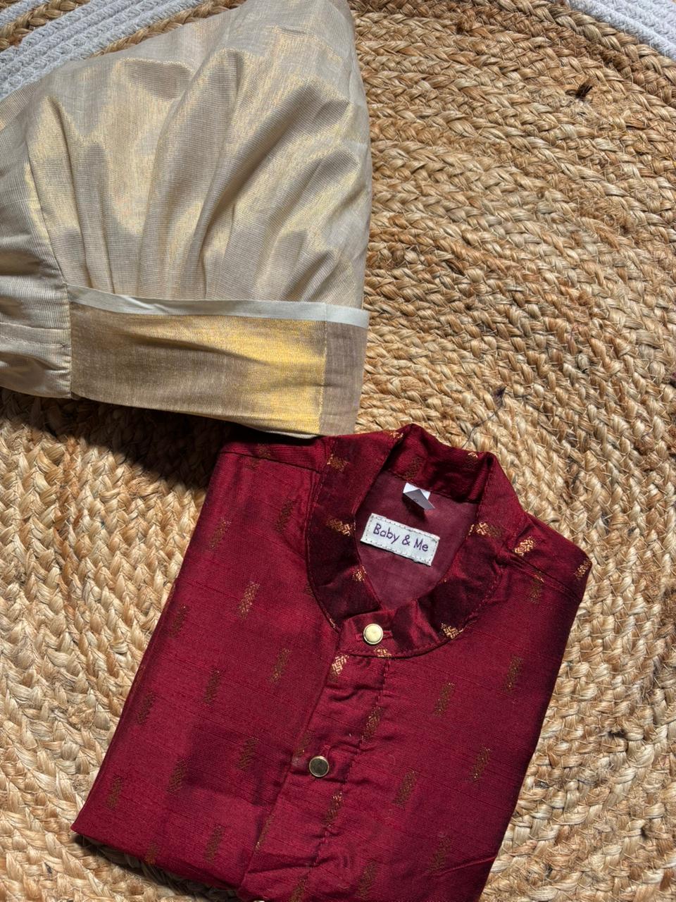 Maroon kurta and Gold Dhoti for Boys – Traditional Ethnic Wear for Baby Boy