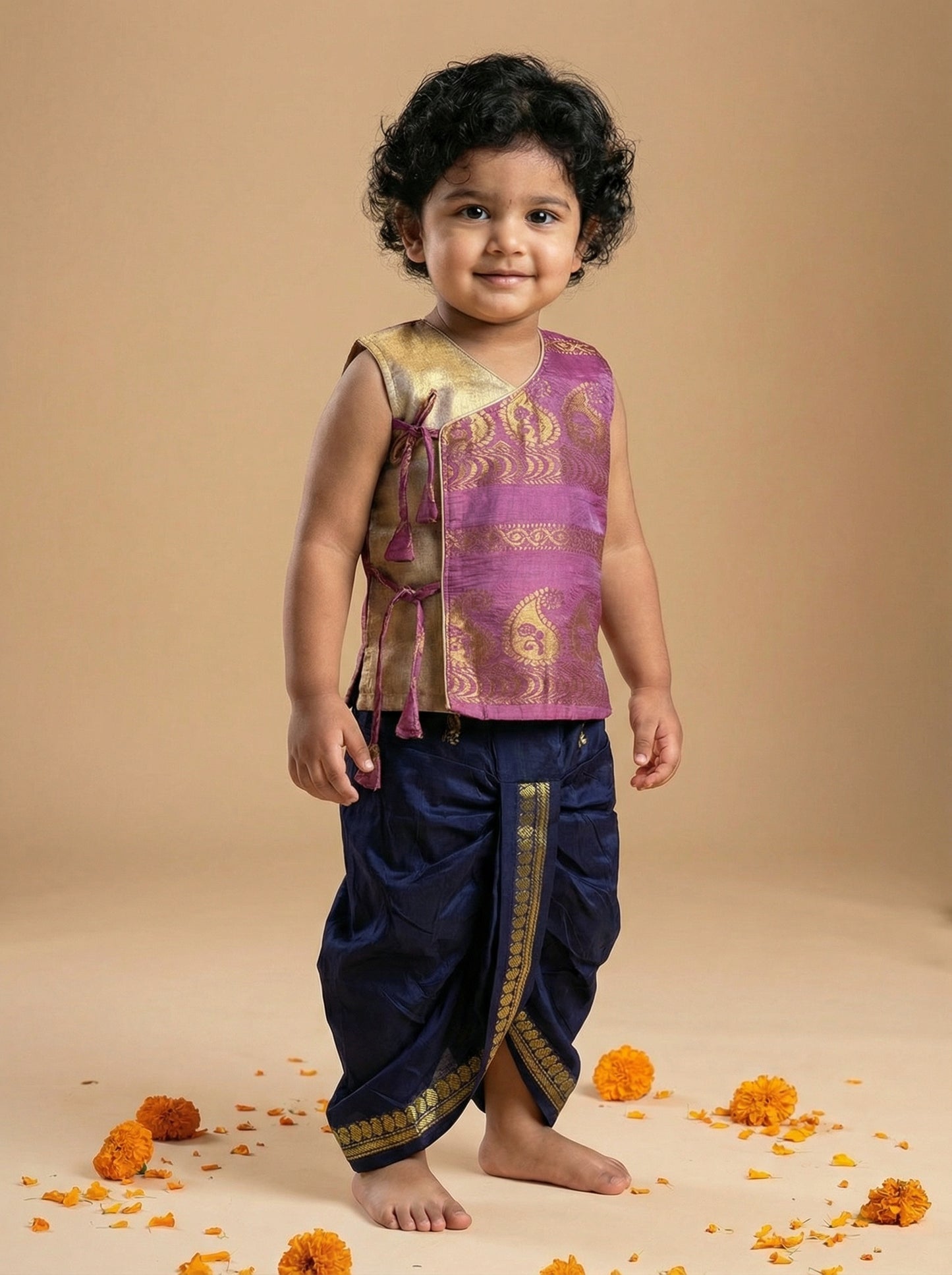 Onion pink Angrakha Kurta with dhoti - Cotton Silk ethnic wear for baby boy