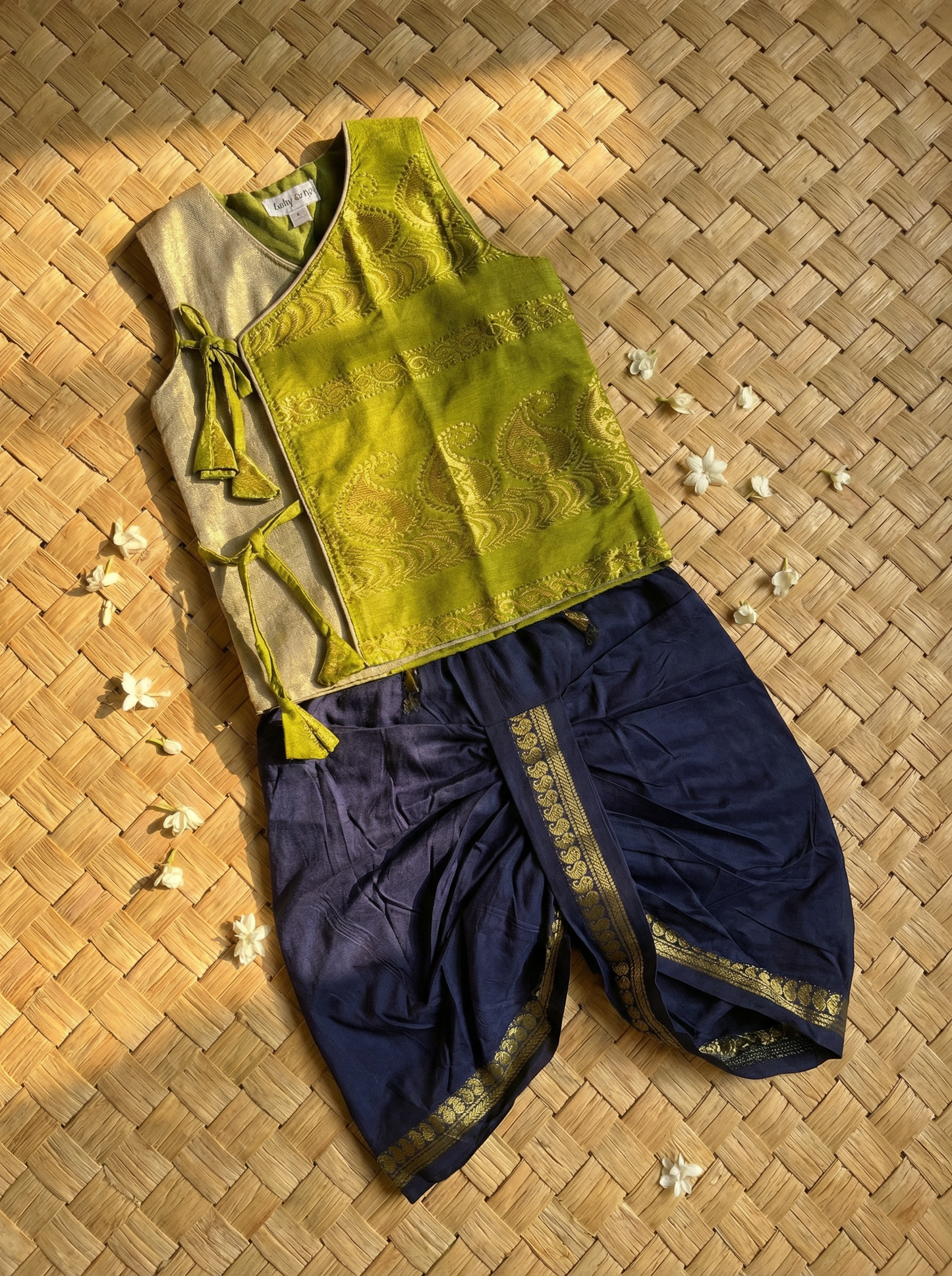 Parrot green Angrakha Kurta with dhoti - Cotton Silk ethnic wear for baby boy