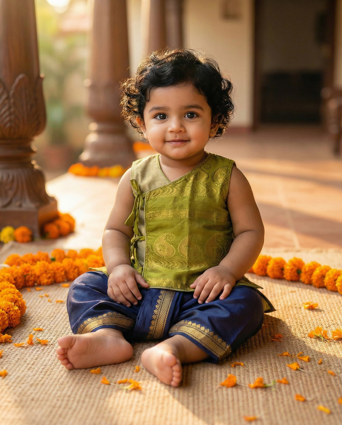 Parrot green Angrakha Kurta with dhoti - Cotton Silk ethnic wear for baby boy