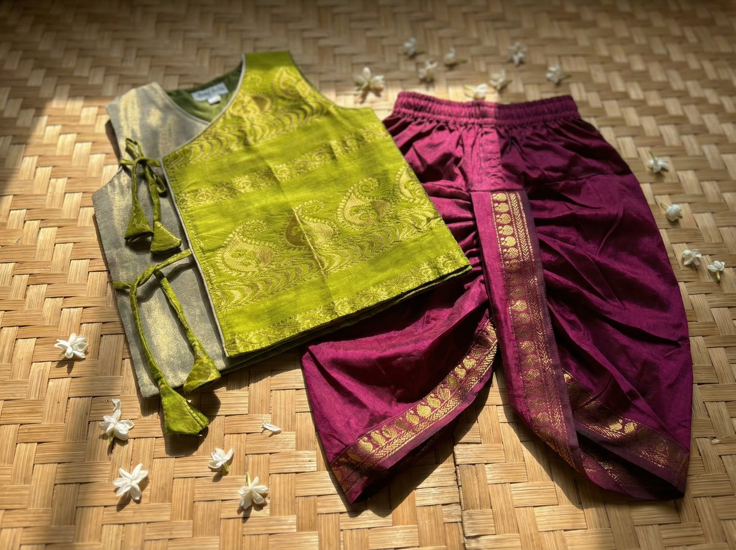 Parrot green Angrakha Kurta with dhoti - Cotton Silk ethnic wear for baby boy