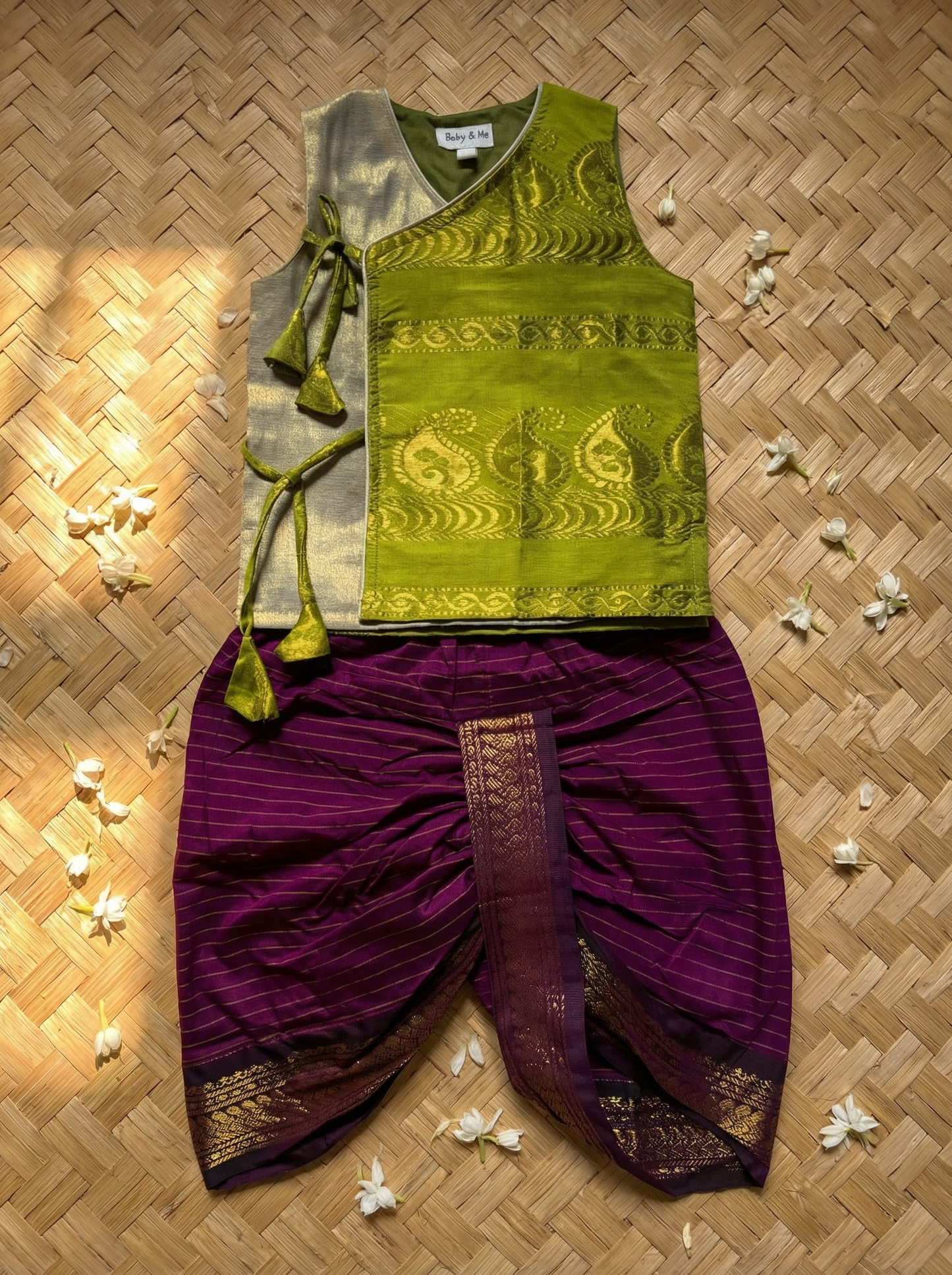 Parrot green Angrakha Kurta with dhoti - Cotton Silk ethnic wear for baby boy