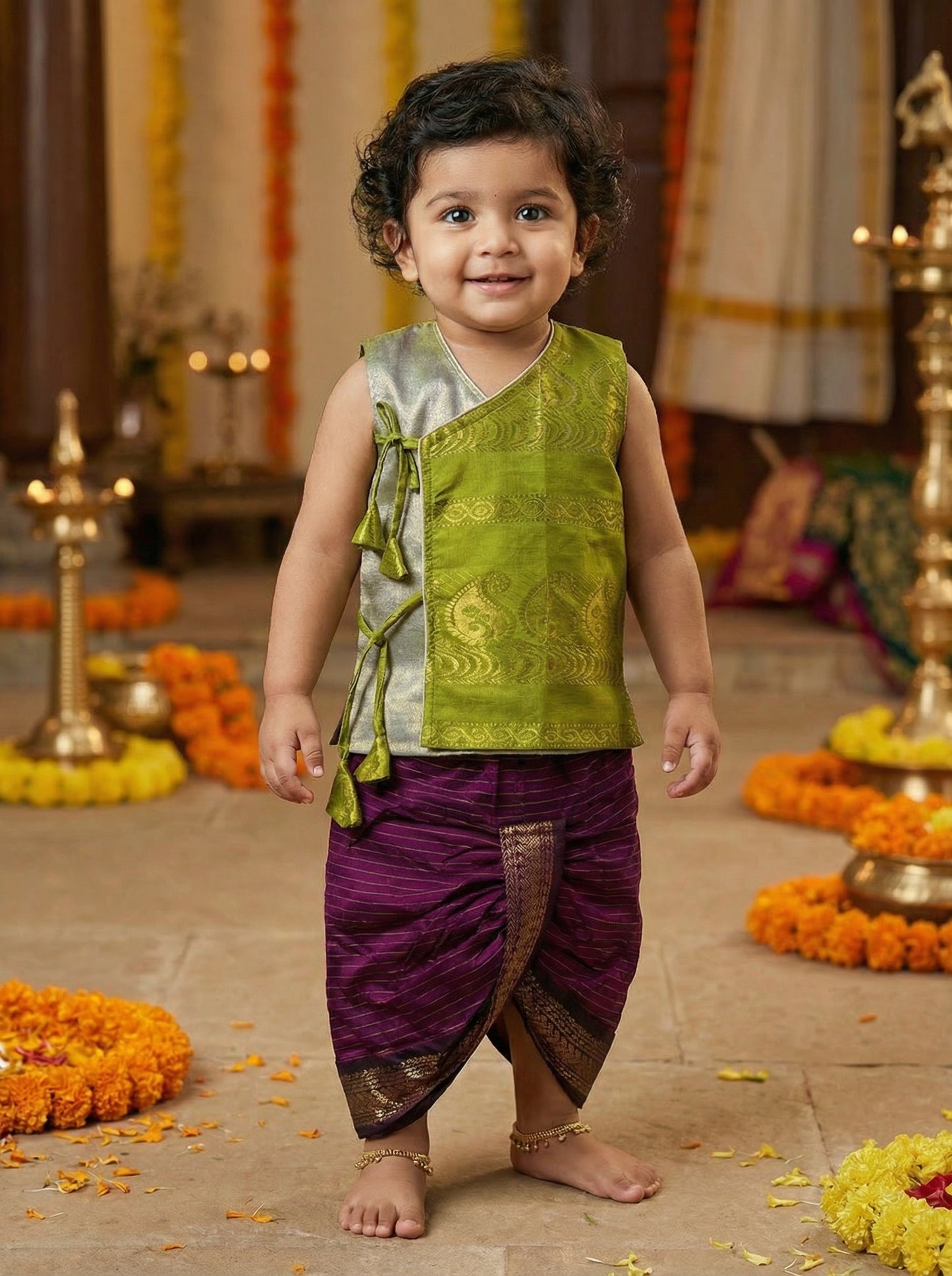 Parrot green Angrakha Kurta with dhoti - Cotton Silk ethnic wear for baby boy