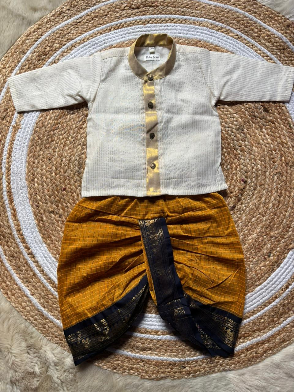 White with gold Kurta and Mustard yellow and navy blue Dhoti for baby boy