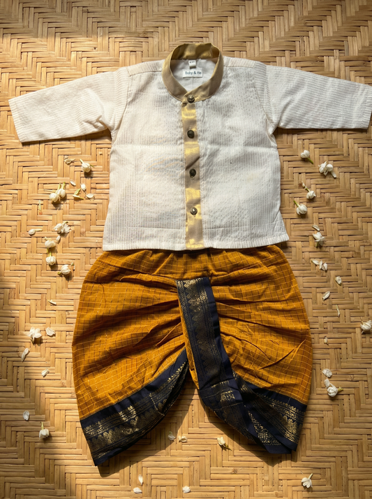 White with gold Kurta and Mustard yellow and navy blue Dhoti for baby boy