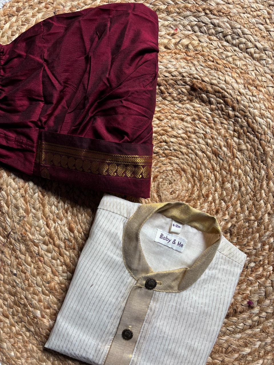 White with gold Kurta and Maroon mango design Dhoti for baby boy