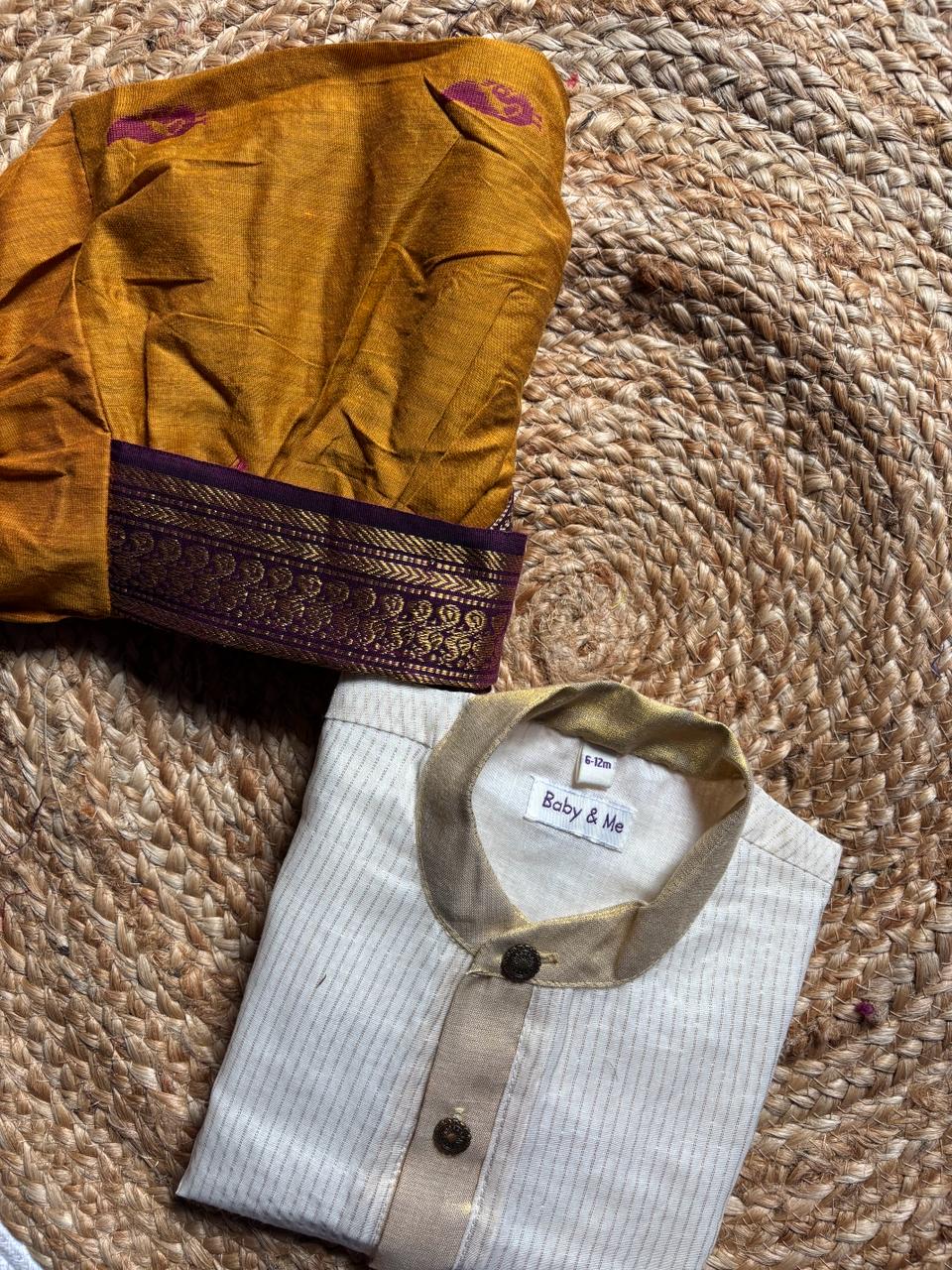 White with gold Kurta and Mustard yellow Dhoti for baby boy