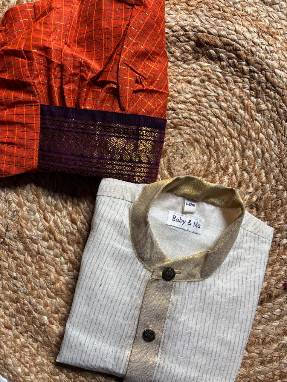 White with gold Kurta and Rusty orange Dhoti for baby boy