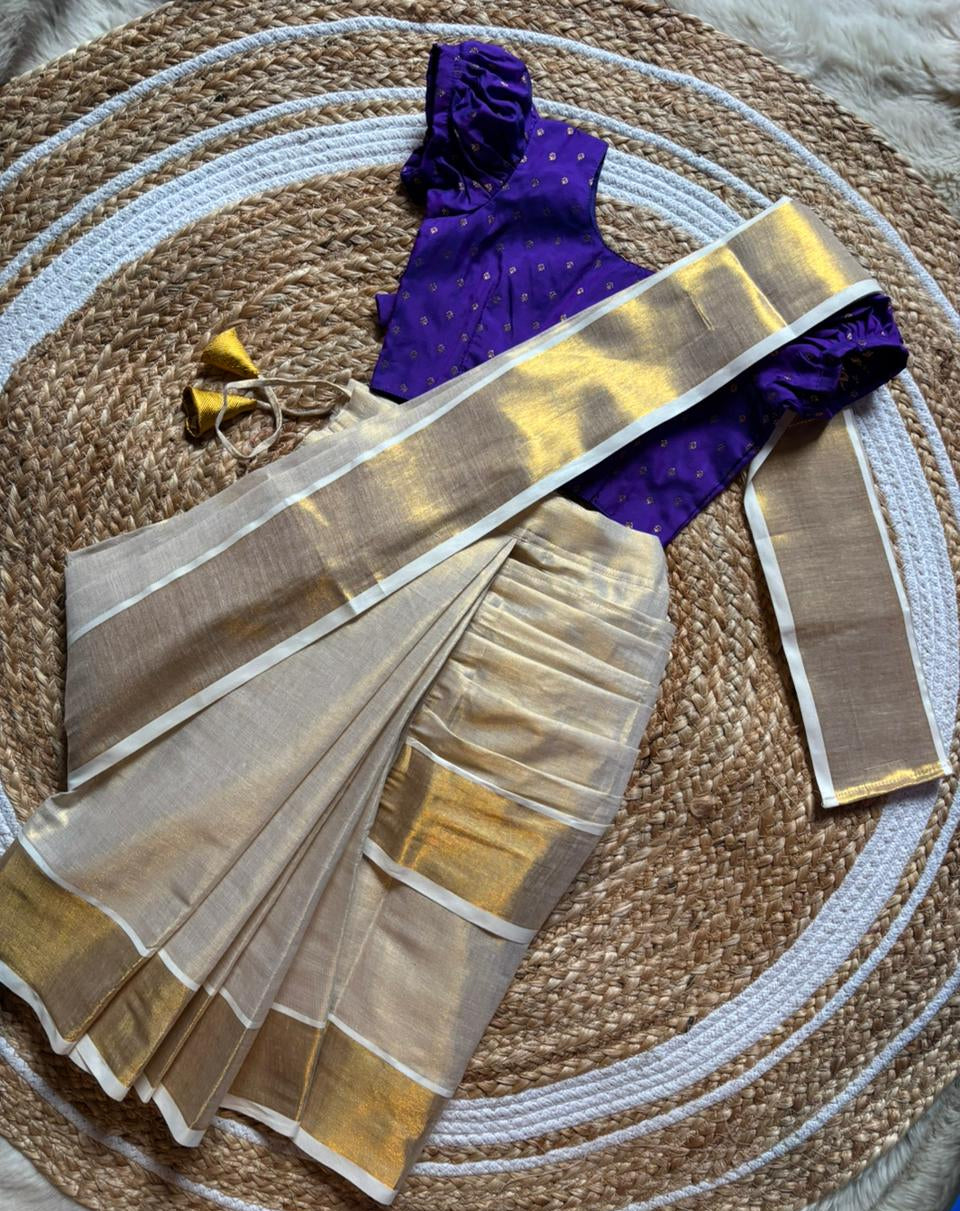 Reshme Gold and violet - Ready to wear Kerala kasavu saree for kids Ethnic wear for baby girl