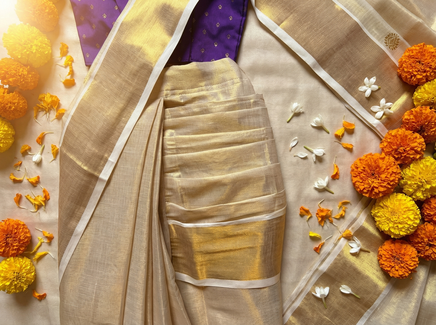 Reshme Gold and violet - Ready to wear Kerala kasavu saree for kids Ethnic wear for baby girl