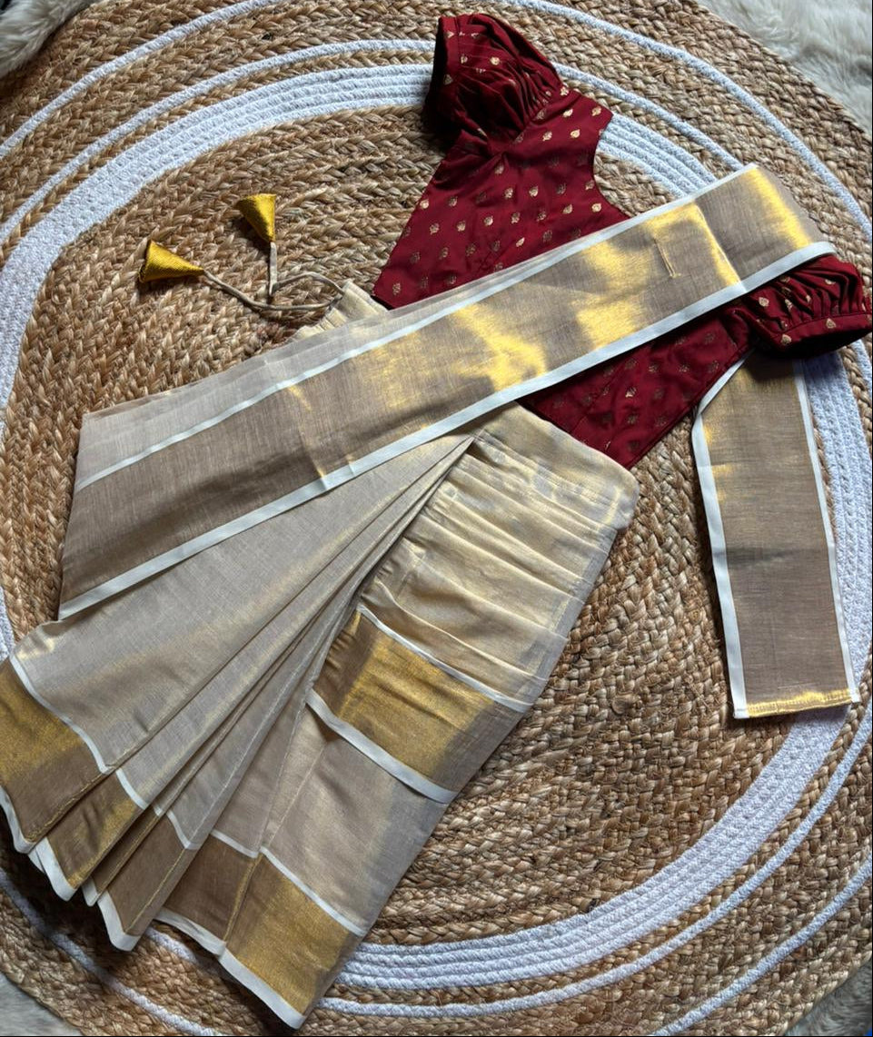 Reshme Gold and Maroon - Ready to wear Kerala kasavu saree for kids Ethnic wear for baby girl