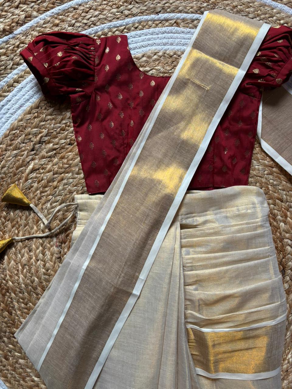 Reshme Gold and Maroon - Ready to wear Kerala kasavu saree for kids Ethnic wear for baby girl
