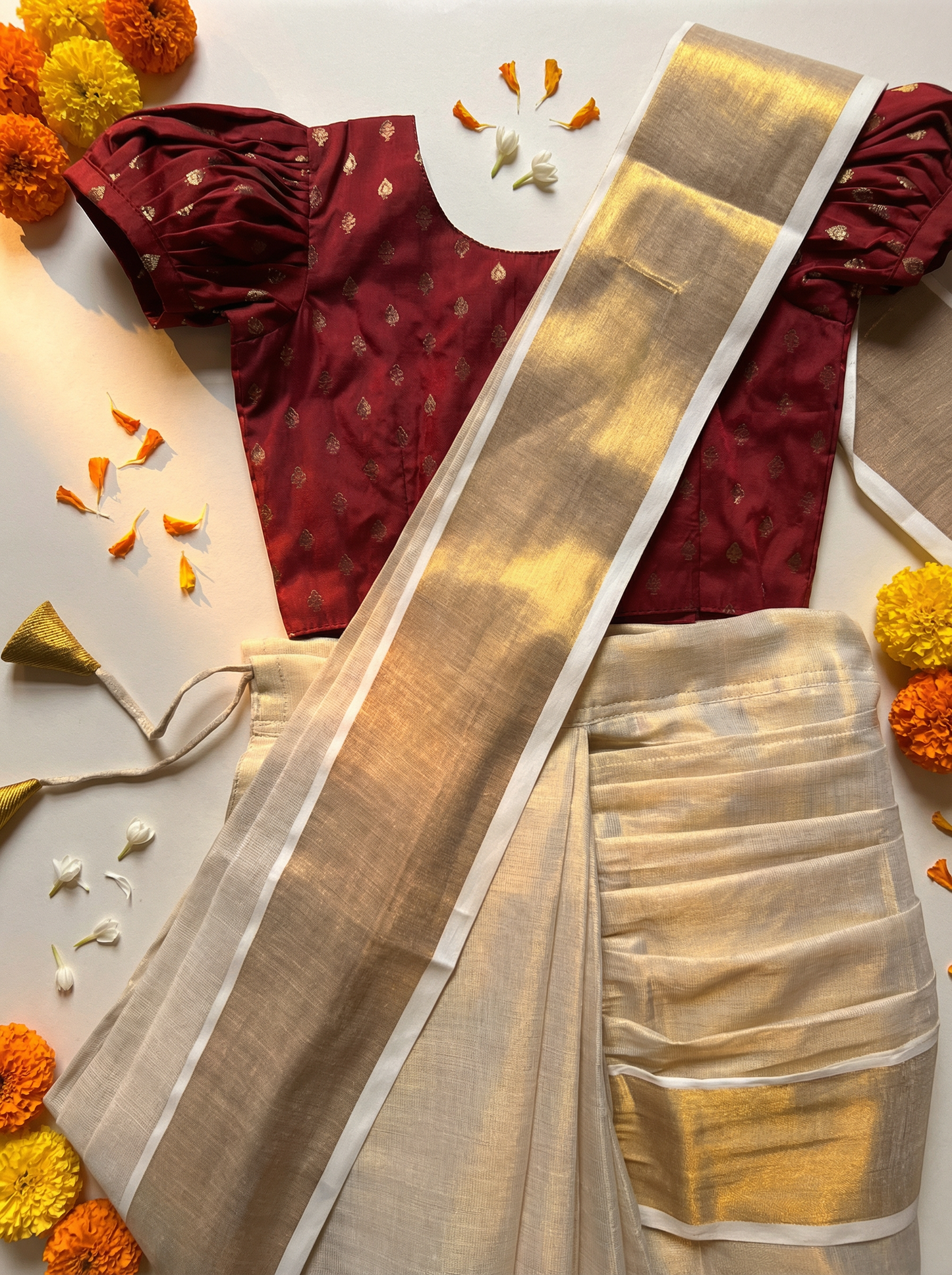 Reshme Gold and Maroon - Ready to wear Kerala kasavu saree for kids Ethnic wear for baby girl